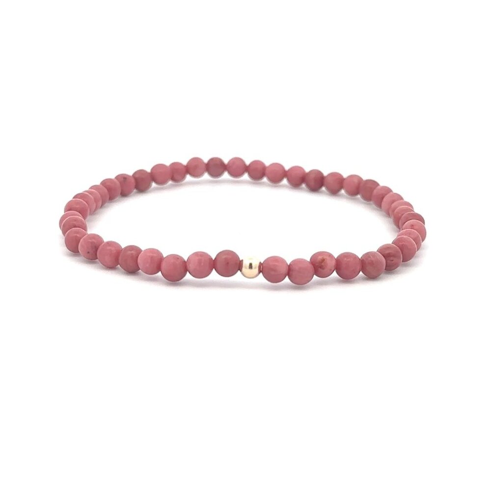 Rhodonite Gemstone Beaded Stretch Bracelet 14K Gold Accent Bead Handmade